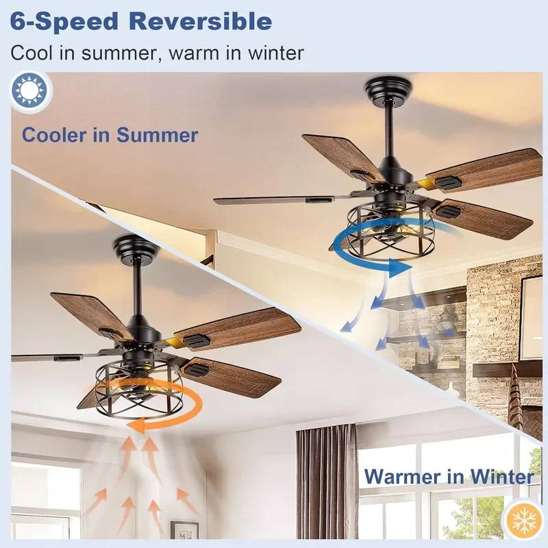 42 Inch Retro Industrial Ceiling Fan With LED Light 6 Speed Dimmable 30W DC Motor 5 Wooden Blades Cage Farmhouse Style Decor