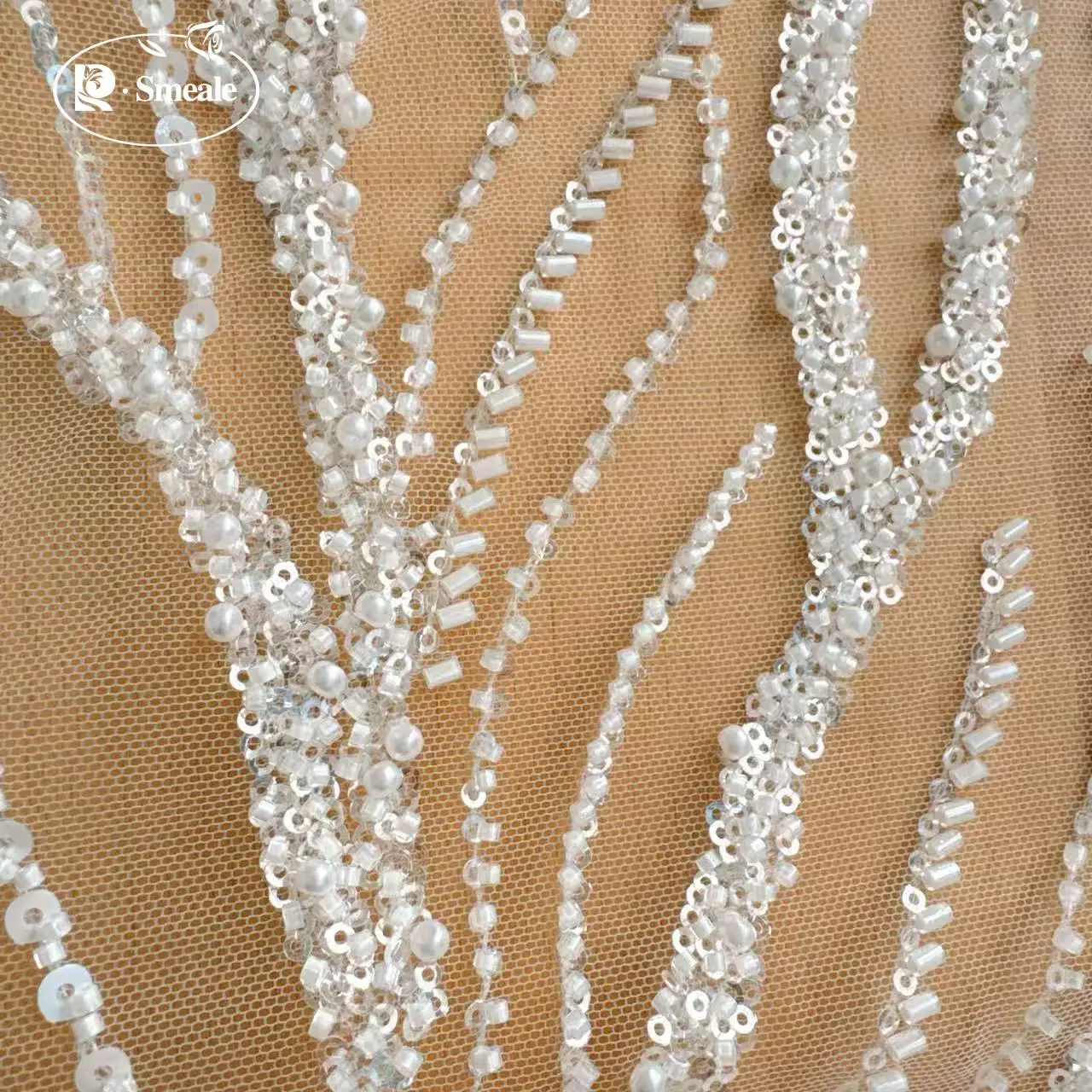 Perlen-Pailletten-Spitzenstoff, luxuriöses Abendkleid, französische Spitze, 2 Designs können weiß wählen, RS2798 – Detail 3