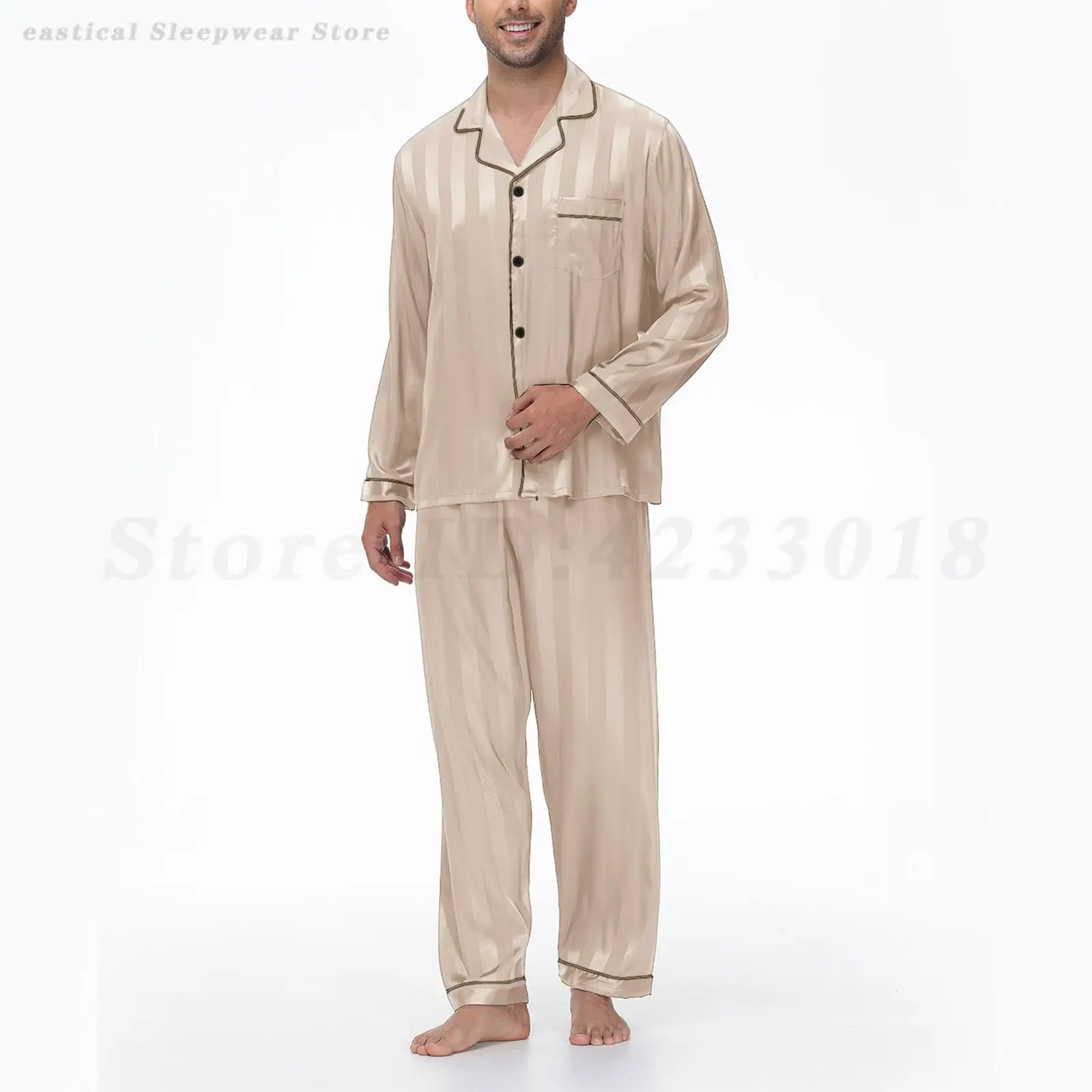 Mannen Satijnen Pyjama Set 2 Stuks Shirt & Broek Effen Kleur Pyjama Pak Lange Mouw Lounge Wear Nachtkleding Losse Casual nachtkleding Homewear