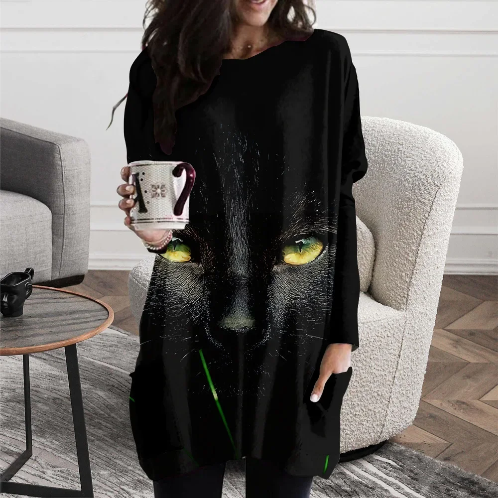 Autumn and winter 2023 new long hoodless sweatshirt 3D printing Halloween Black Cat pattern top Harajuku Y2K clothing