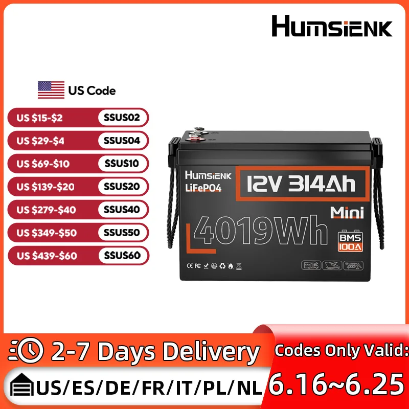 

Humsienk 12V 314AH LiFePO4 Battery With BMS 13000Cycle A+ Grade Cells For RV,Vans,Inverter,Solar System, Off-grid, Household,etc