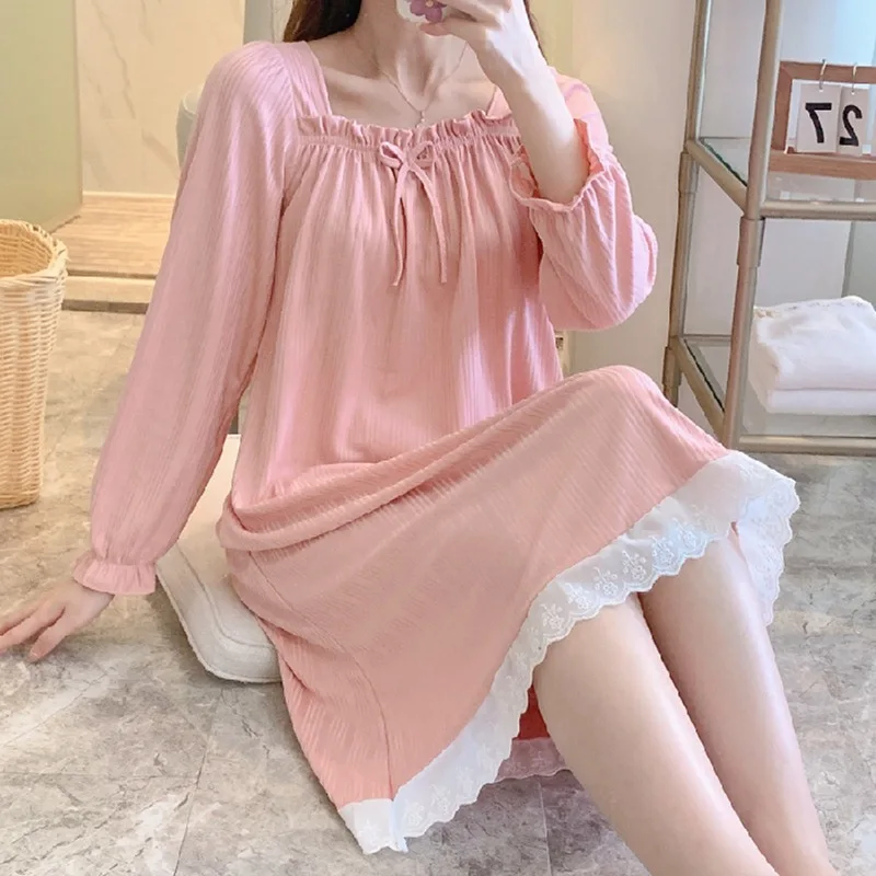 Damen Frühling Herbst Nachthemd Langärmliges Langes Kleid Mädchen Loungewear Studentinnenkleid Auch für Draußen Tragbar Damen Hausrock Casual