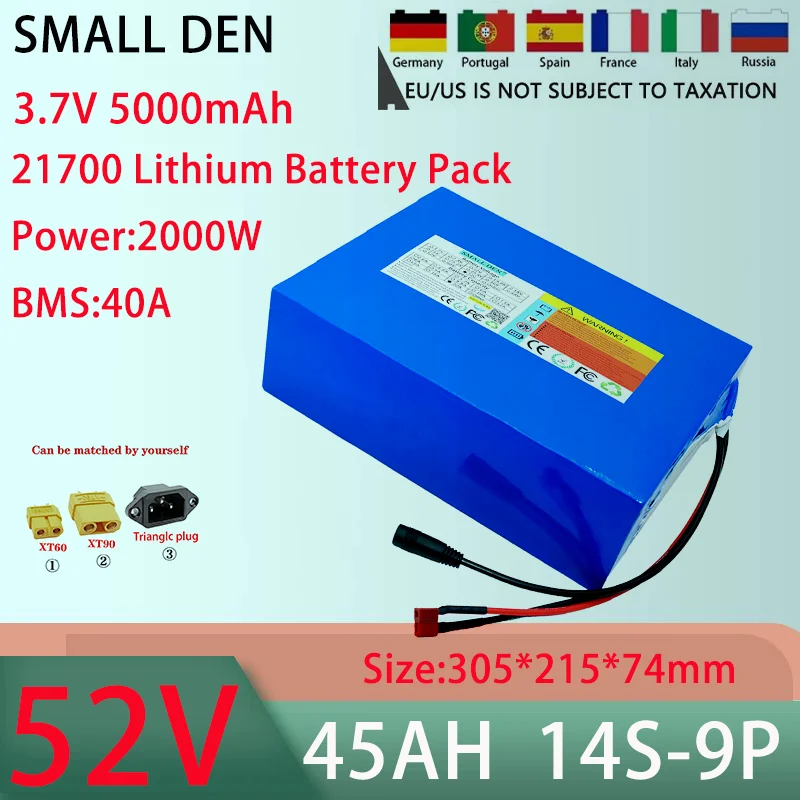 New 52V 45AH 14S9P 21700 lithium battery pack With 40A BMS 100-2000W high-power rechargeable battery+58.8V 5A charger