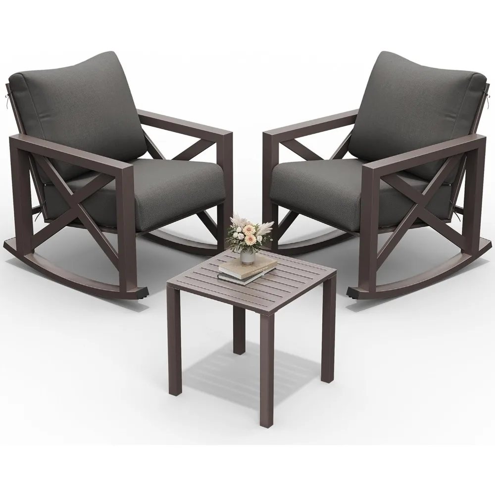 Rocking Chair Outdoor Set 2 with Coffee Table, 3 Piece Metal Rocking Bistro Set with 6.5
