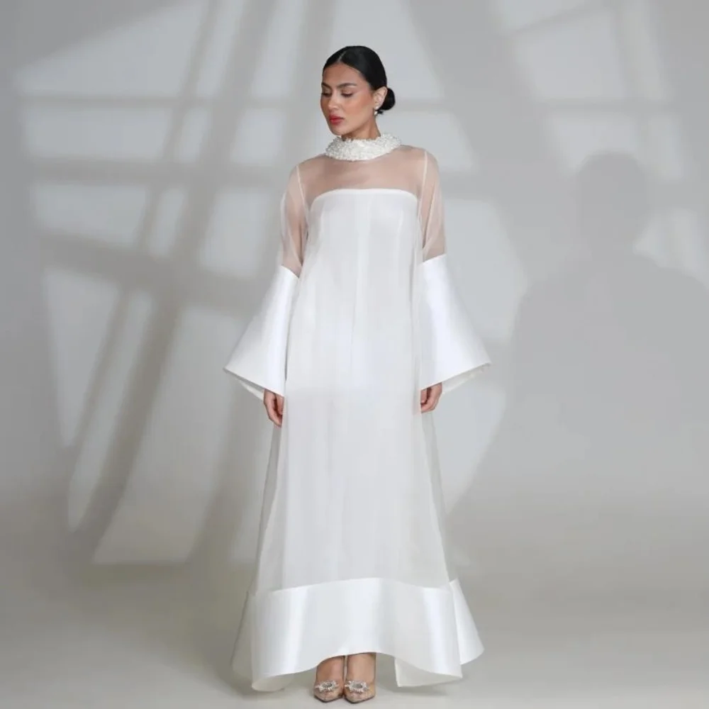 

Customized White Luxurious Sexy Beading Sequined A-line High Collar Ankle Length Evening Dresses for Woman Sizes Available
