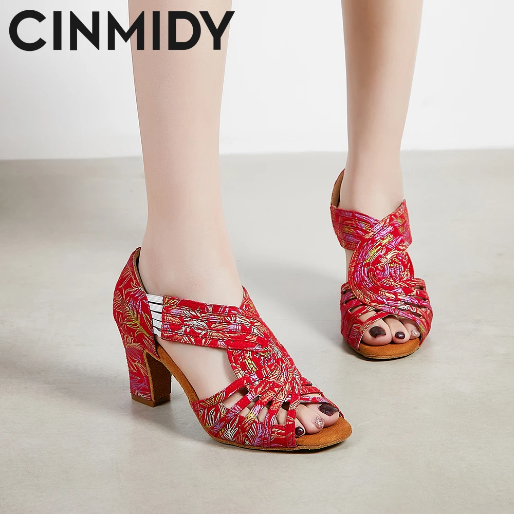 

Red Latin Dance Shoes For WomenTango Salsa Dance Training Shoes Ladies Indoor Party Sandals 7.5 CM Thick Heel