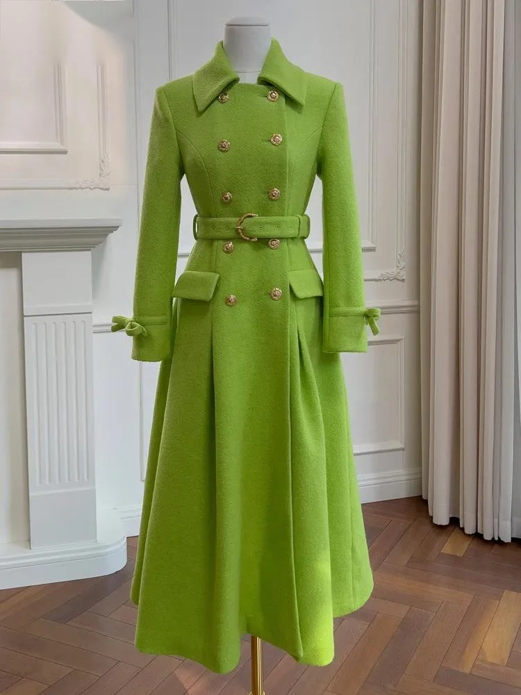 Fashion Autumn Winter Green Woolen Coat Women Turn Down Collar Long Sleeves Double Breasted Sashes Slim Blends Coats AC7N