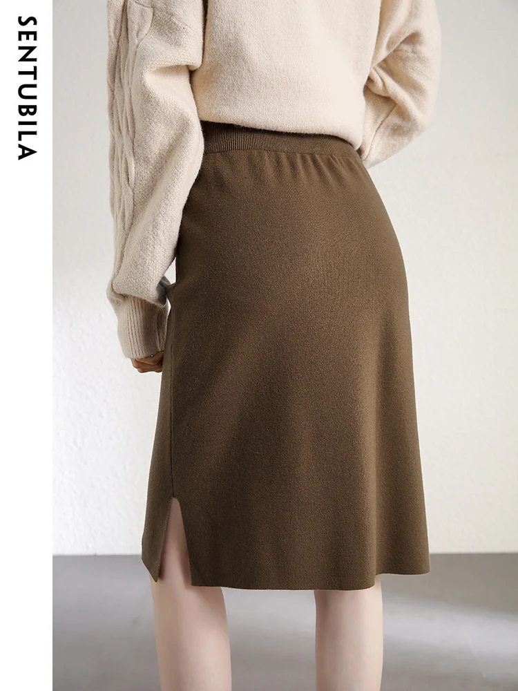 SENTUBILA Solid Midi Skirts Women Autumn Retro Elastic Waist Slit Knitted Skirts Casual Korean Popular Women's Clothes W14Q38504