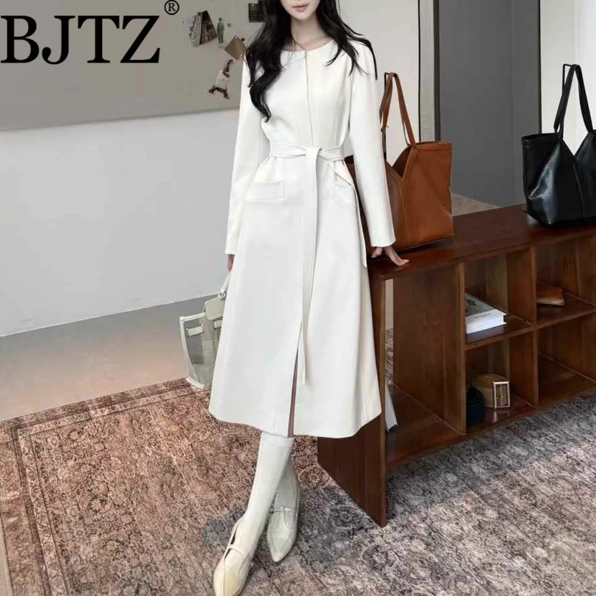 

BJTZ Lace-up Tie-waist O-neck Mid-length Jacket For Woman 2025 Spring Autumn New Trendy Solid Color Temperament Office Lady Coat