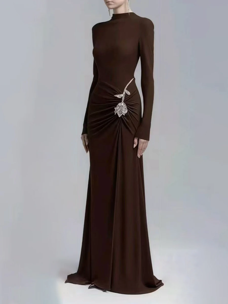 TWOTWINSTYLE Mimimalist Solid Evening Dresses for Women Stand Neck Long Sleeve High Waist Spliced Sequins Rose Dress Female New