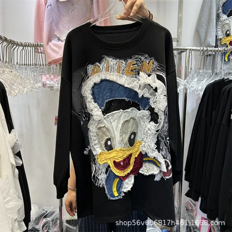 Heavy Embroidery Cartoon Round Neck Loose Long Sleeves Sweatshirt Coat For Women's 2025 Autumn New Top Hoodies Pullover Jacket