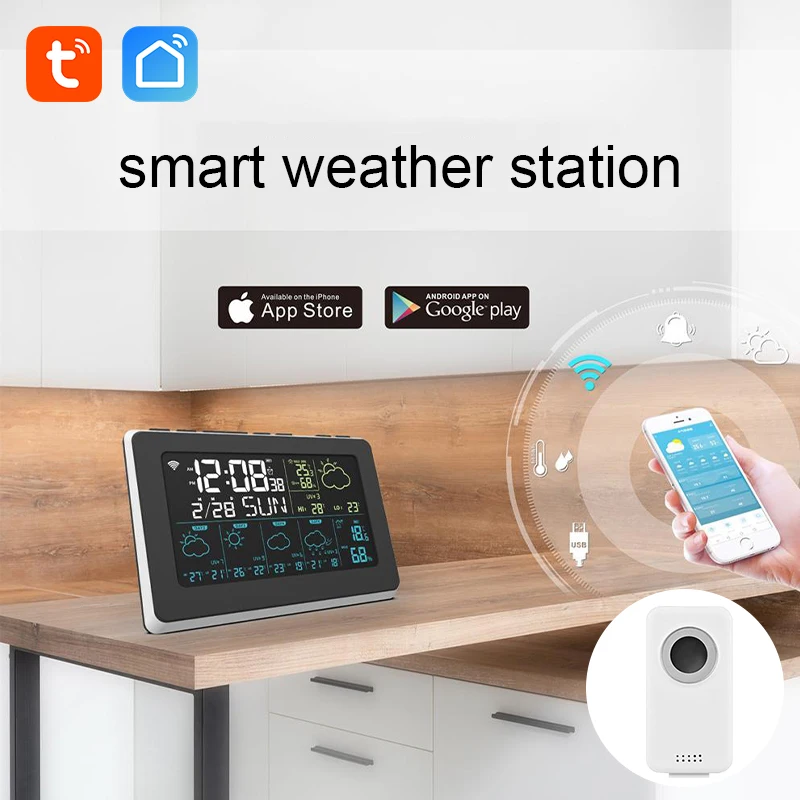 Smart Weather Station Indoor Outdoor Tuya WiFi Temperature Humidity Monitor 7.5 Inch Color Screen Display With 3 Alarm Clock