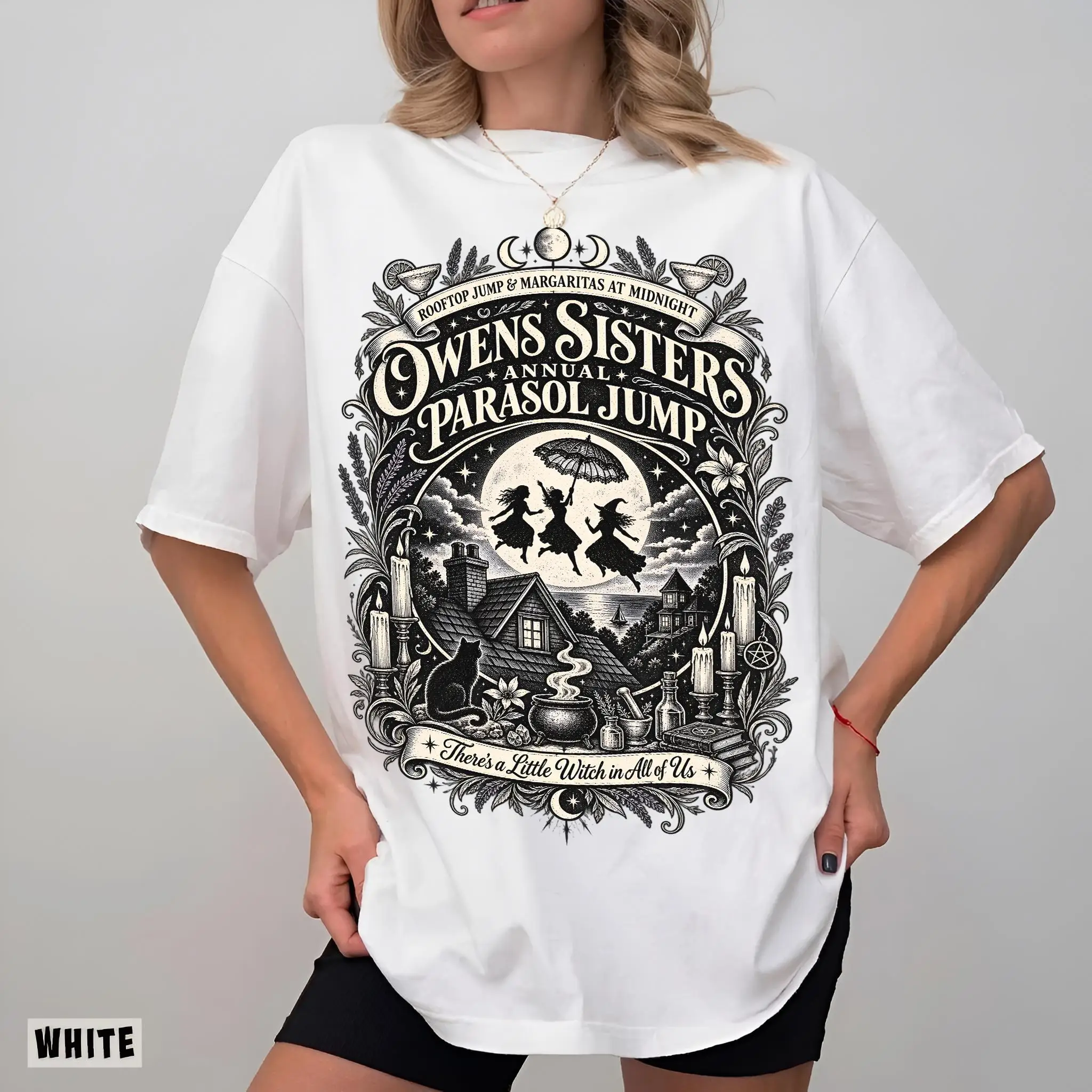 Praktisches Halloween-Shirt mit dem Motiv „Owens Sisters Parasol Jump Midnight Margaritas“, kurzärmeliges T-Shirt für Damen, geeignet für Damen und Herren. – Detail 10