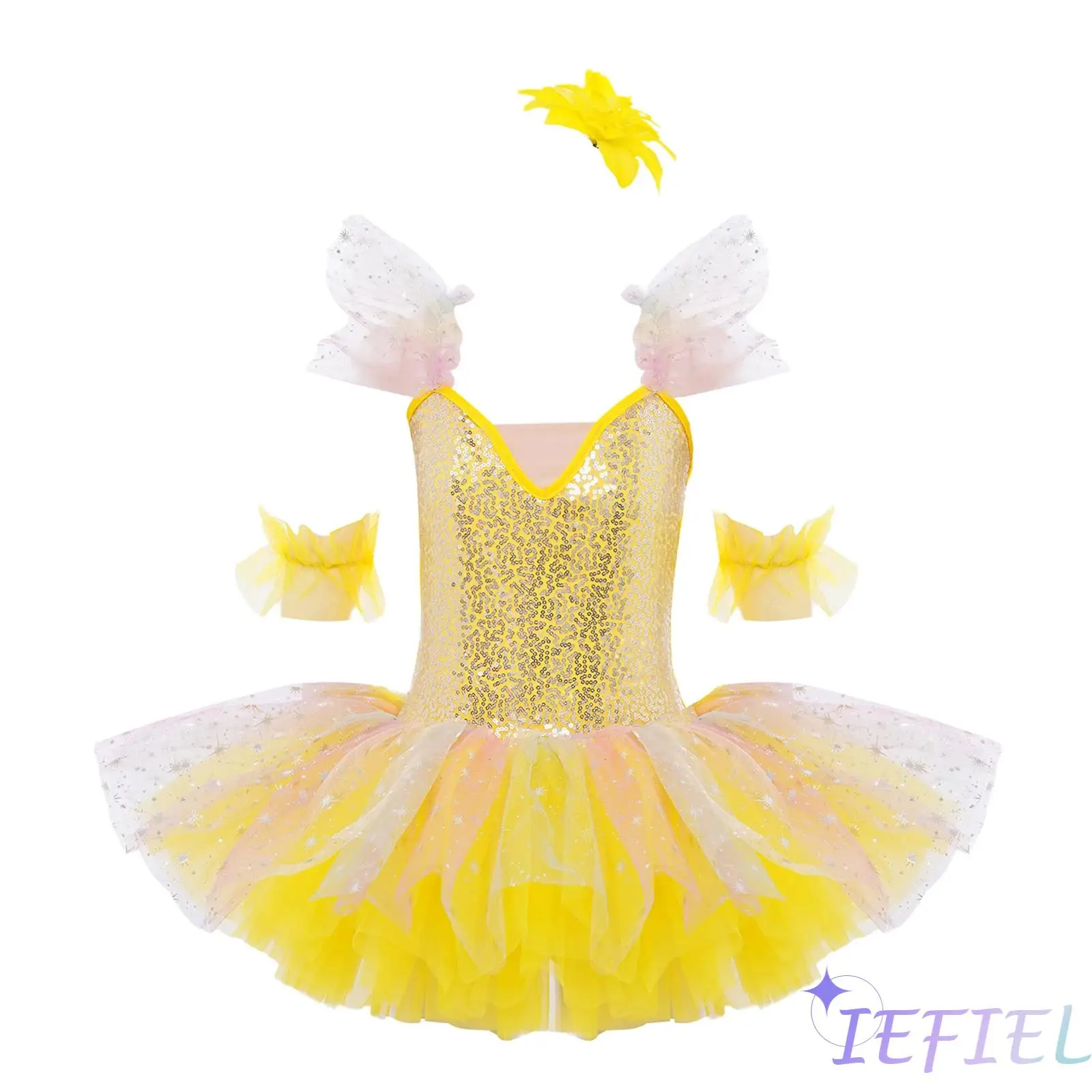 

Kids Girls Shiny Sequins Ballet Dance Costume Ruffled Sleeves Tutu Dress with Headpiece Cuffs for Ballet Show Stage Performance
