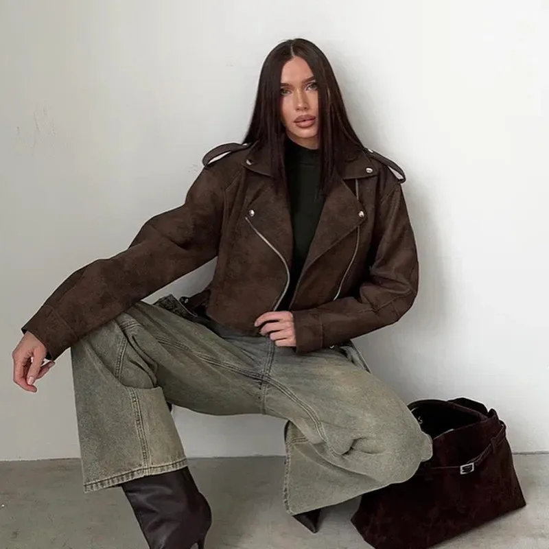   autunno e inverno nuove donne abbigliamento retrò risvolto allentato manica lunga decorazione con cerniera con cintura giacca a vita alta