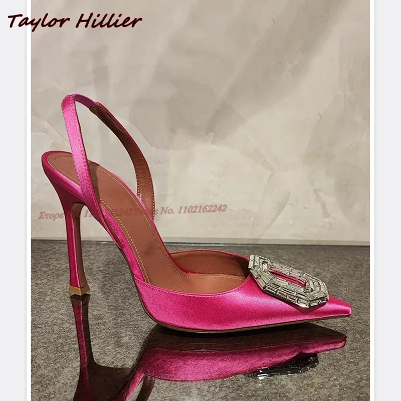 Oval Rhinestone Buckle Pumps Sandals Pointed Toe Low Heel Slingback High Heels Sexy Elegant Party Luxury Dress Women\'S Shoes