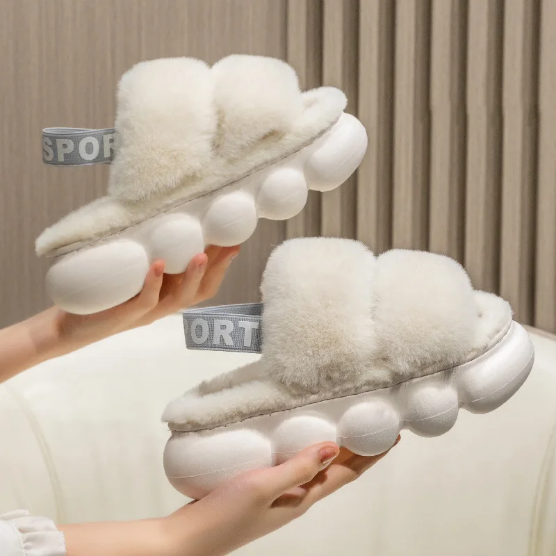 Open toe fluffy plush slippers sandals Women winter faux fur furry cloud slippers slides Female home indoor warm platform shoes