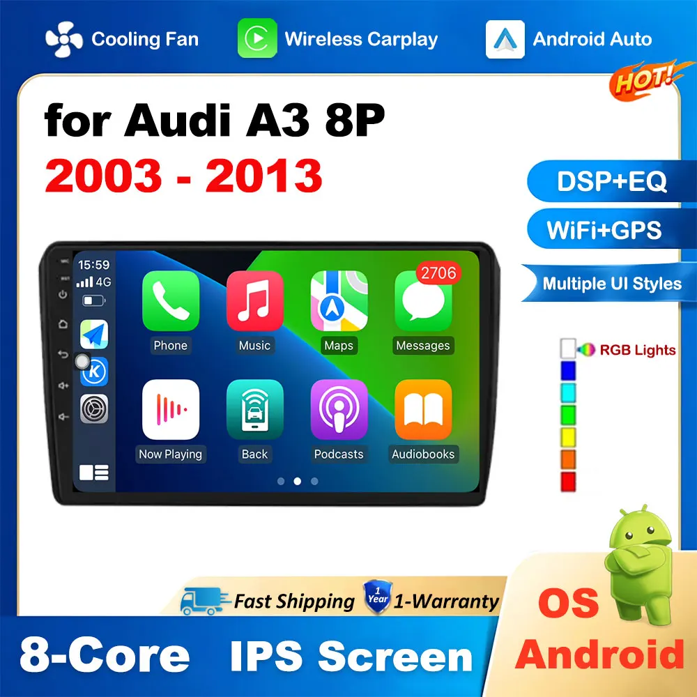 

for Audi A3 8P 2003 2004 2005 2006 - 2013 GPS Navigation Car Radio Video Player DSP Stereo Wireless Carplay Android Auto No 2din