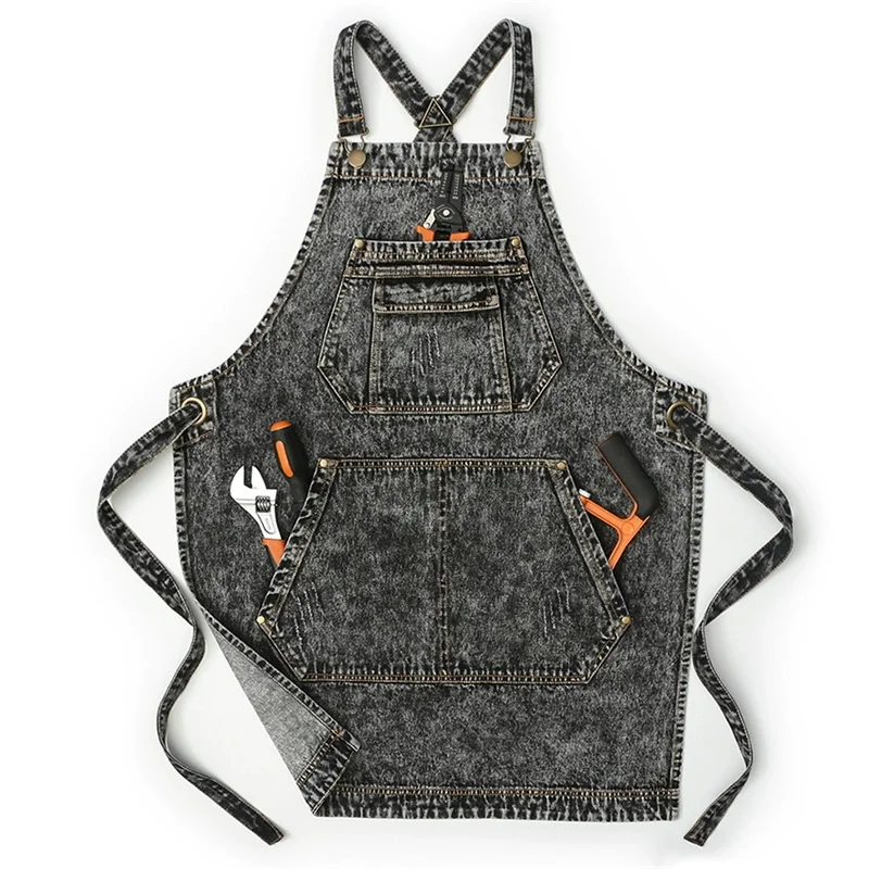 

Thickened Wear-Resistant Washed Denim Apron with Big Pocket for Women And Men Fashionable Kitchen Work Barber Coffee Shop Apron