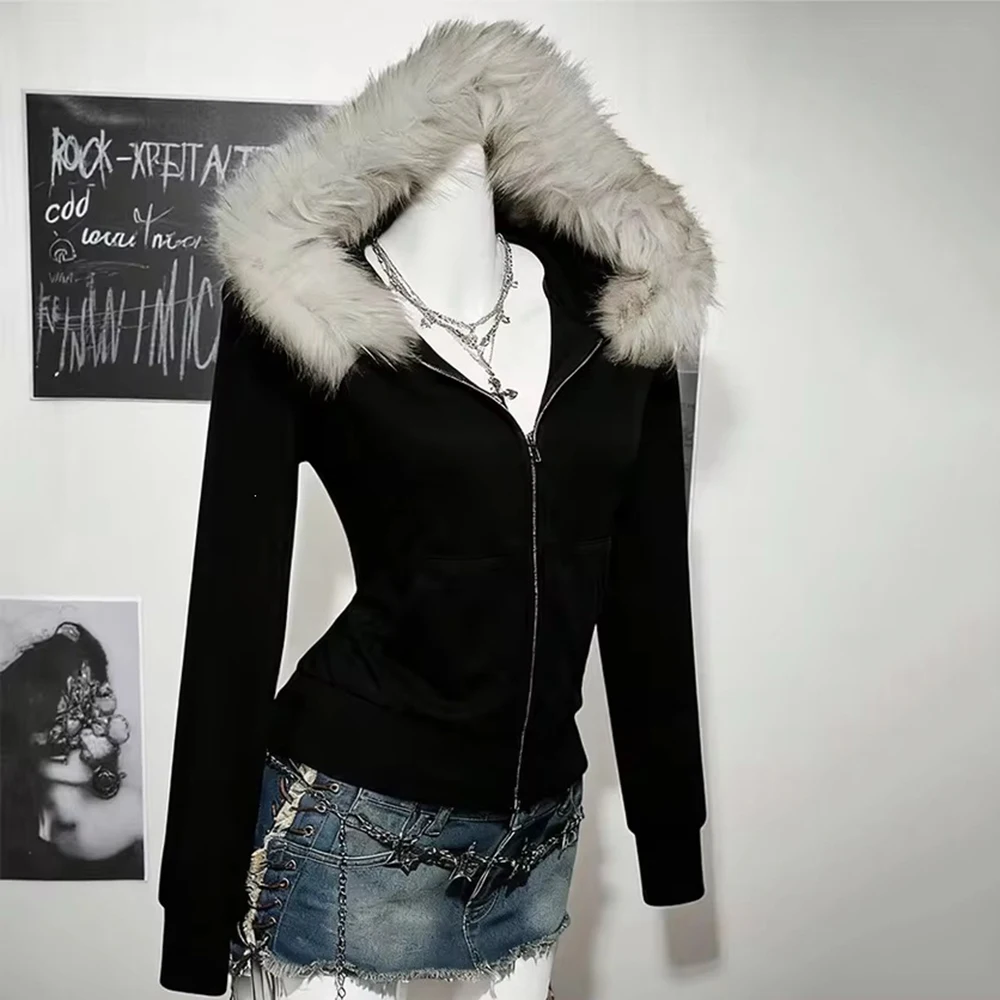 Autumn and winter new casual street Y2K style fashion women's plush black hooded top