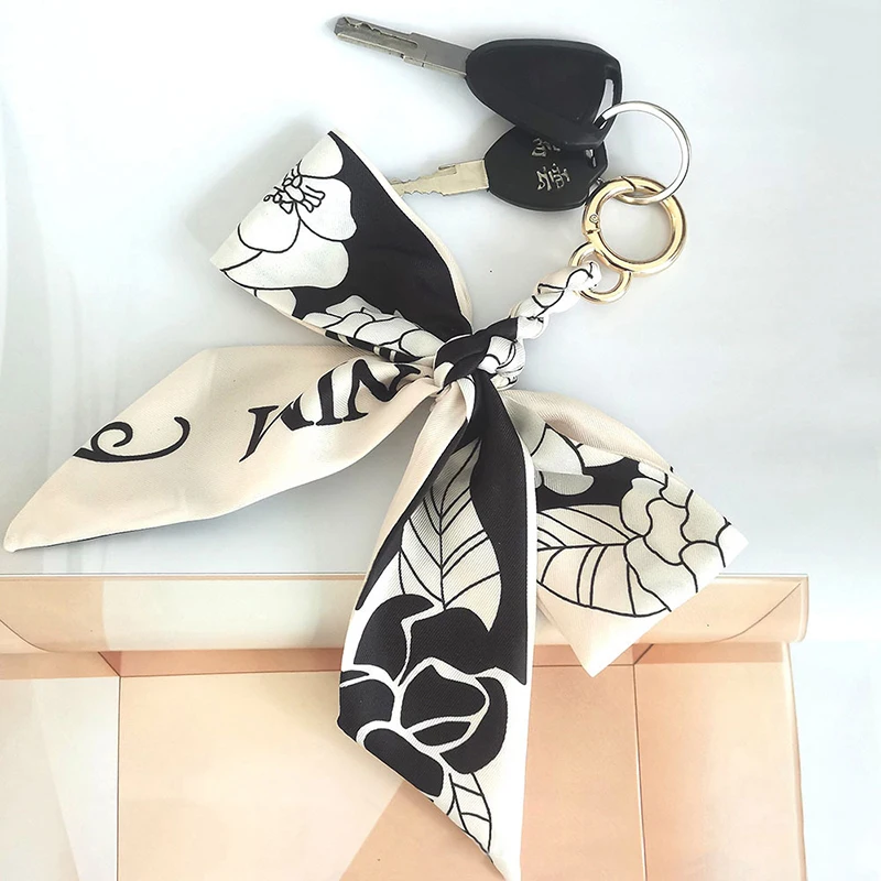 Camellia Silk Scarf Keychain for Women Woven Knot Pendant Girls Bag Ribbon Bowknot Pendants Car Key Chain Handbag Key Ring Gifts