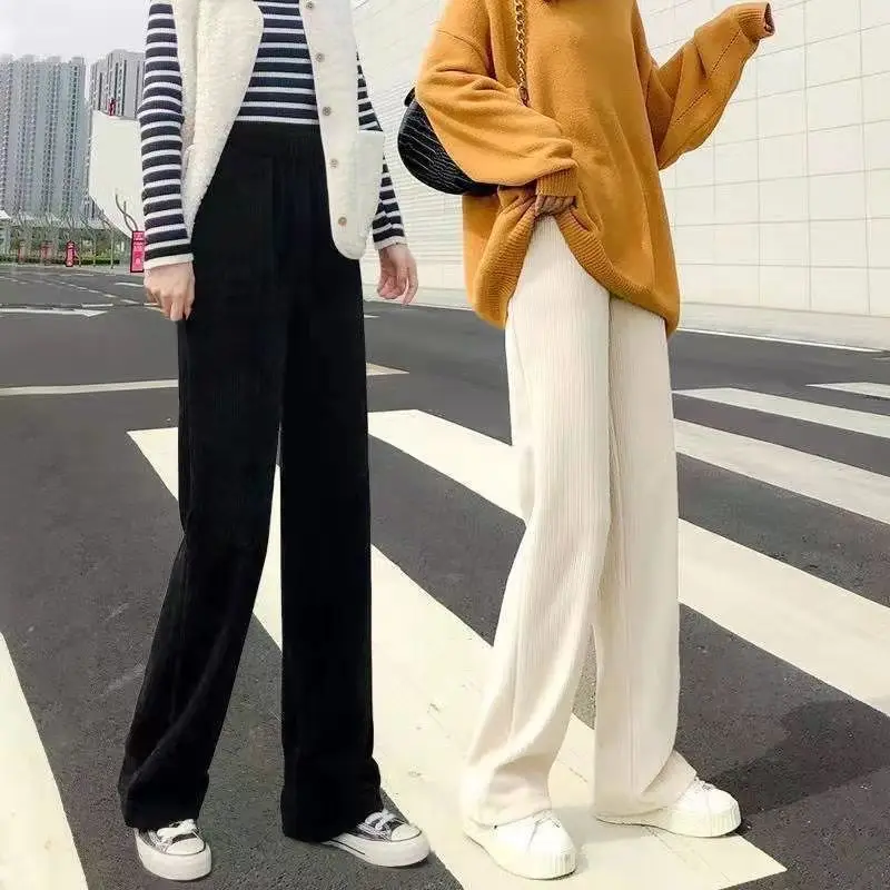 Women Fleece Pants Autumn Winter High Waist Wide Leg Trousers Pants Female Thick Fleece Inside Female Long Pants Trousers