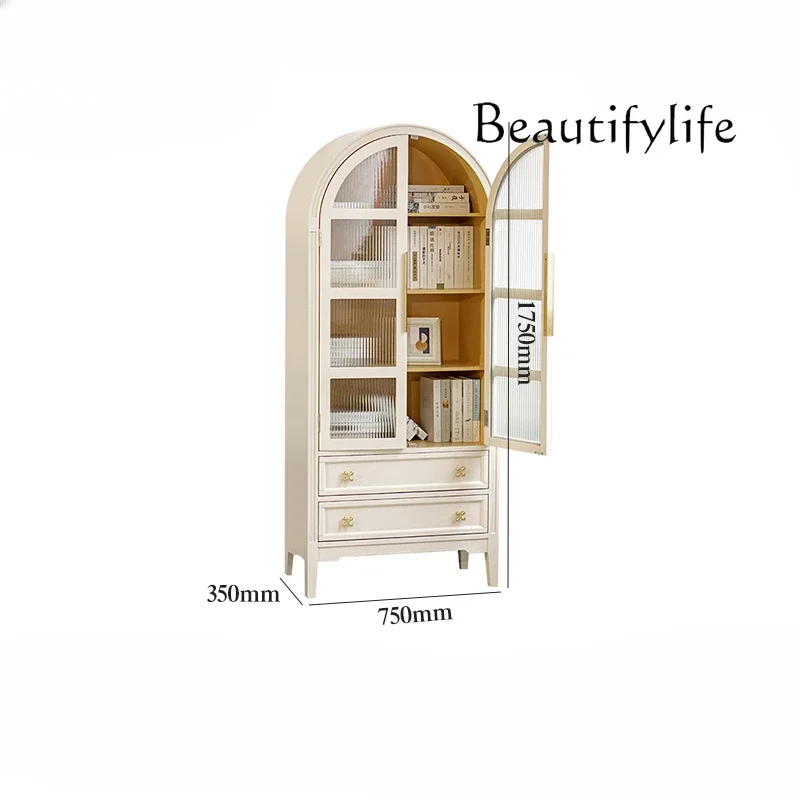 

French Cream Wind Arch with Glass Door Locker Living Room Solid Wood Storage Cabinet