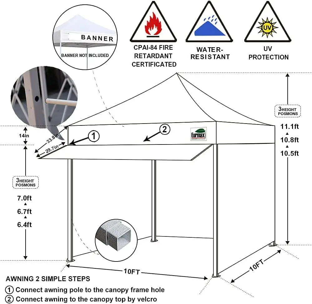 

Eurmax USA 10 x 10 up Canopy Commercial Tent Outdoor Party Canopies with 4 Removable Zippered Sidewalls