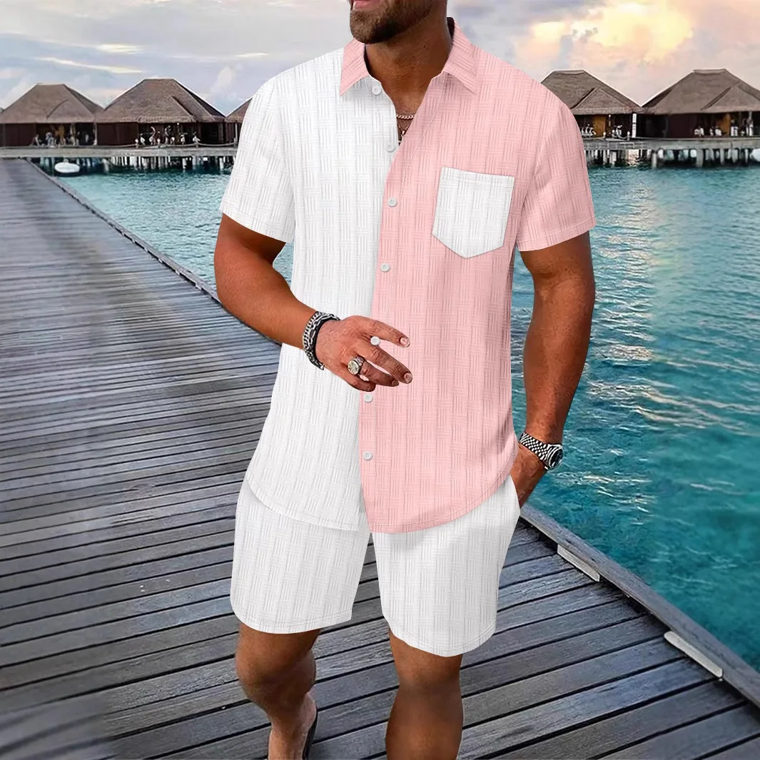 

Hawaii Men's casual daily outdoor travel solid color jacquard lapel short-sleeved Shirt drawstring Shorts 2-piece Set 2025 New