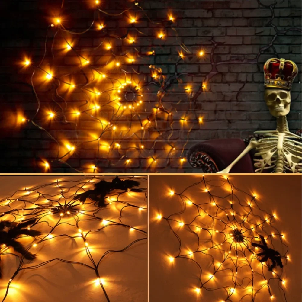 Halloween LED Aranha Web Lâmpada, 8 Modos USB, Black Belt, Cobweb Luz String, Decoração interior e exterior, Luminous Halloween Party Props