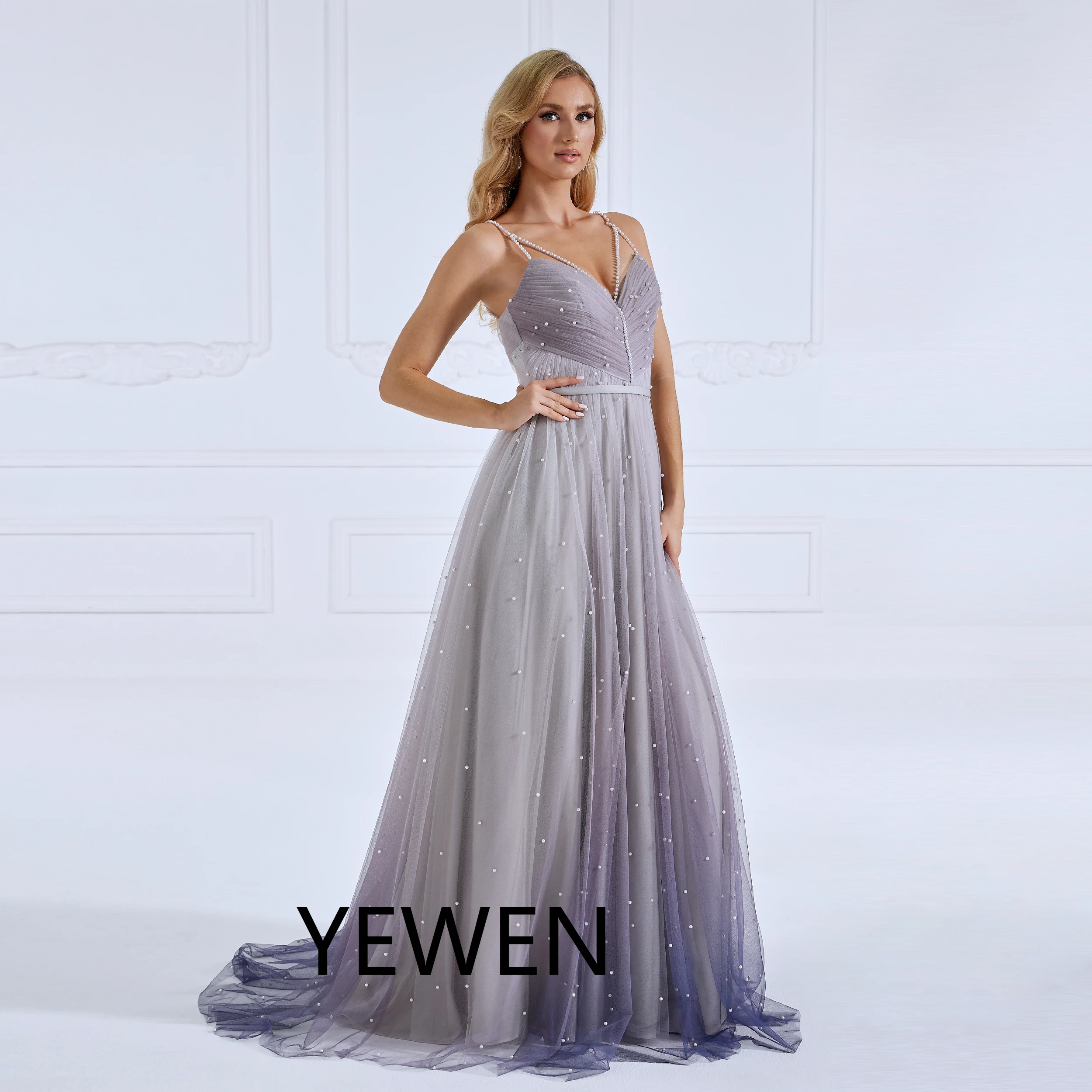 Criss-Cross Pearls A Line Evening Dress V Neck Ball Gown Photo Shoot Dress #f632