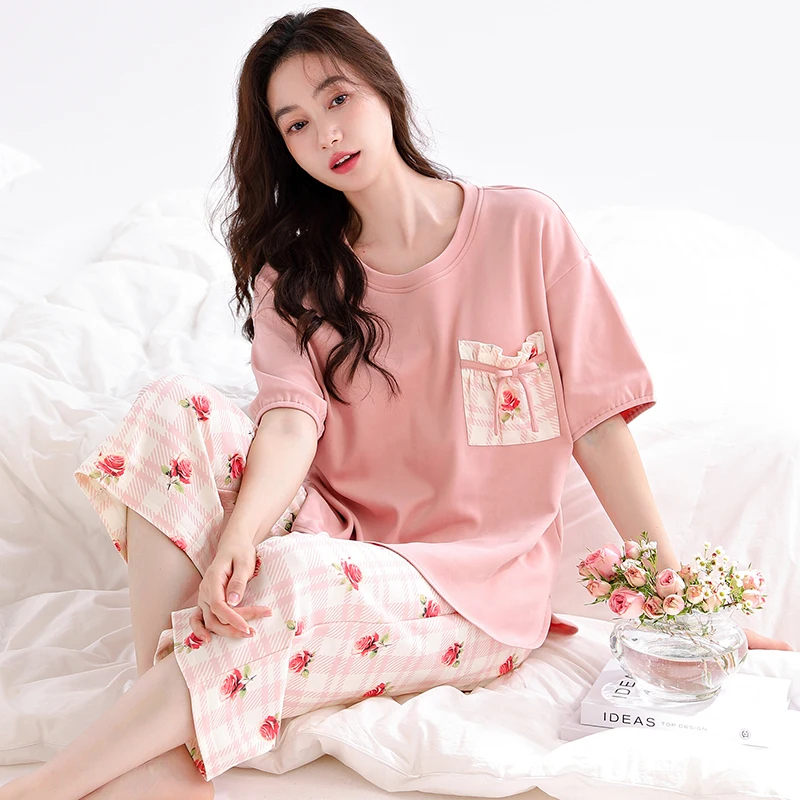 Newest Summer Women Pajamas Set 100% Cotton Sleepwear Female Short Top+Calf-Length Pant Floral Pyjamas