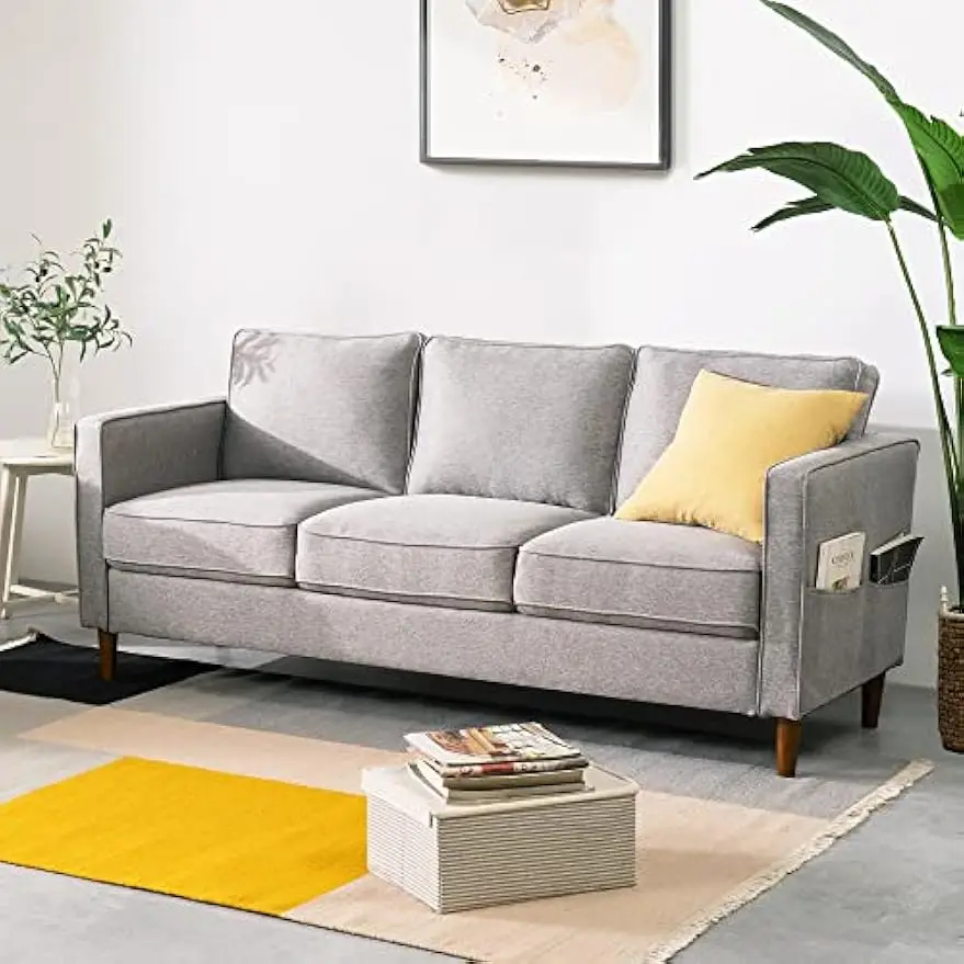 

Mellow HANA Modern Linen Fabric Loveseat / Sofa / Couch with Armrest Pockets, Heather Grey