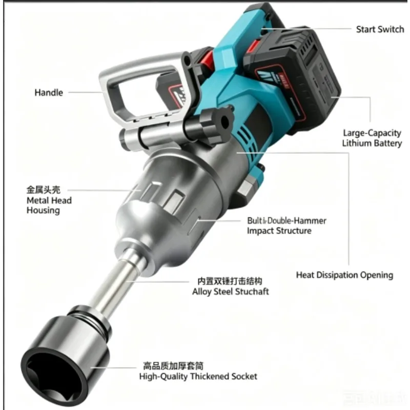 Brushless Lithium Battery Impact Wrench, Special for Auto Repair, Big Wind Gun Charging Sleeve Wrench, Special Big Nut