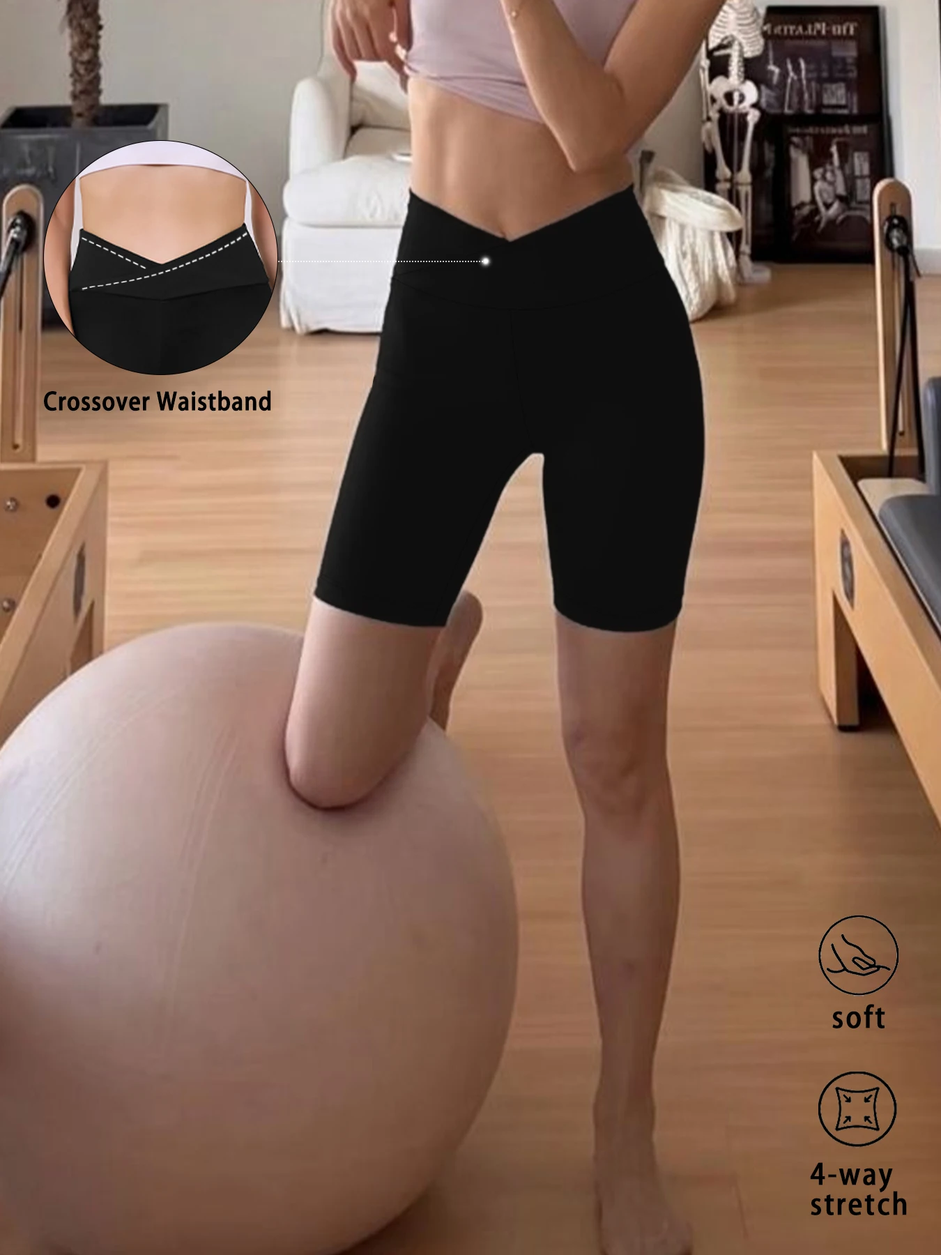 

Women's Super Soft Crossover High Waisted Biker Shorts Tummy Control No See Through Workout Yoga Running Shorts
