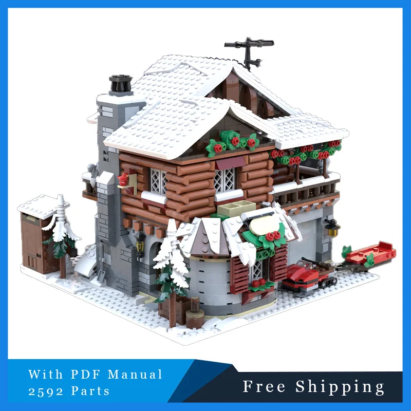 2592 piezas de casa de madera de montaña nevada, tecnología Modular, bloques de construcción MOC, modelo de ensamblaje, juego de juguetes, regalo de Navidad para niños