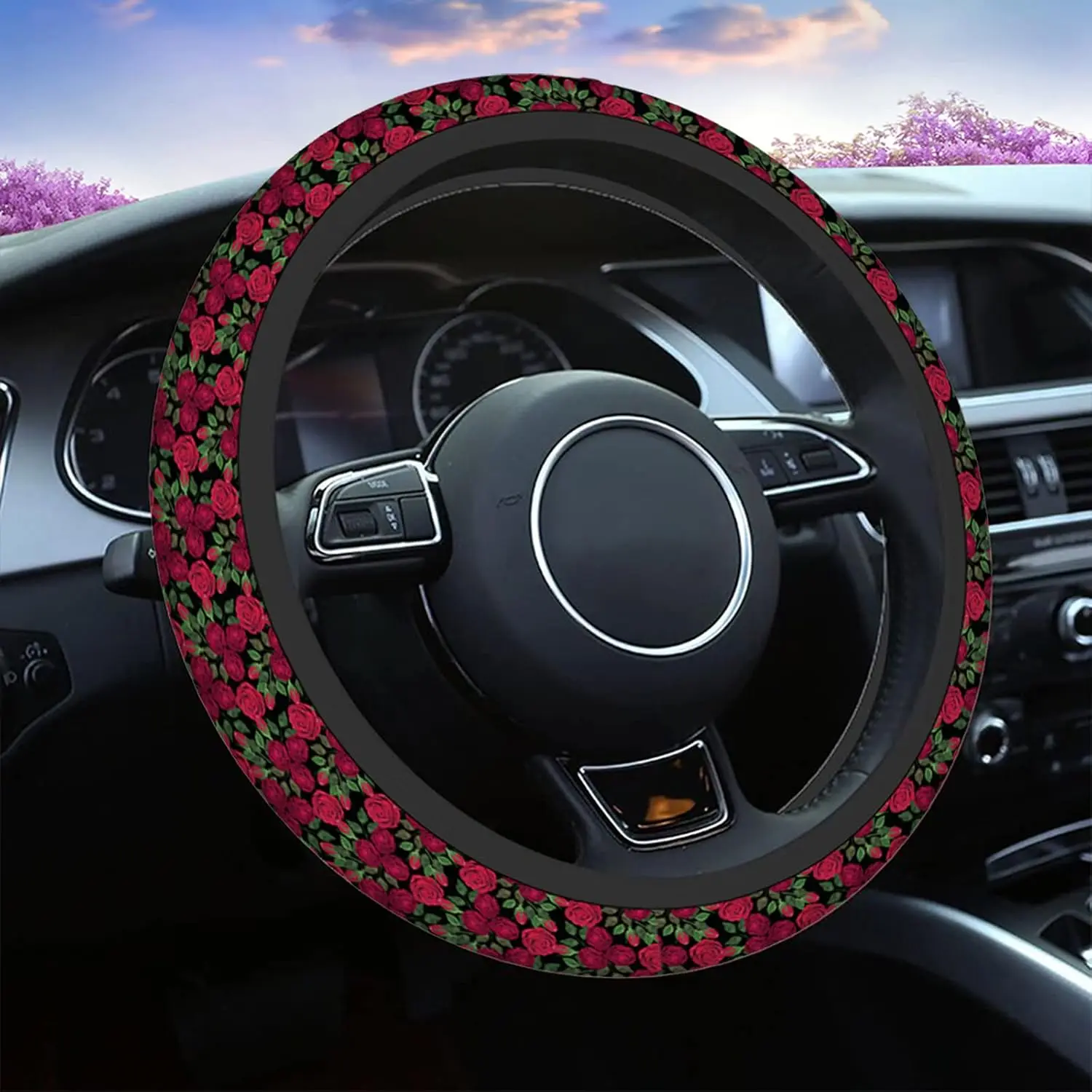 Roses Red Car Steering Wheel Cover,Watercolor Red Roses with Green Leaves On The Black Safe Driving Anti-Slip Steering Wheel