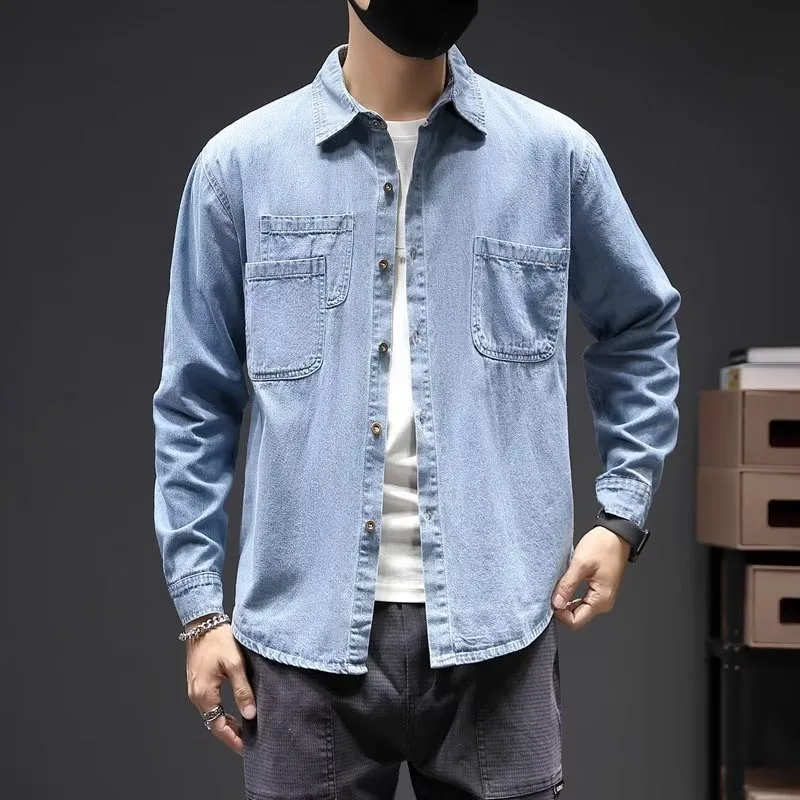 

Мужская джинсовая рубашка свободного кроя в стиле ретро для повседневной носки весной и осенью, с пуговицами, из ткани, не требующей глажки