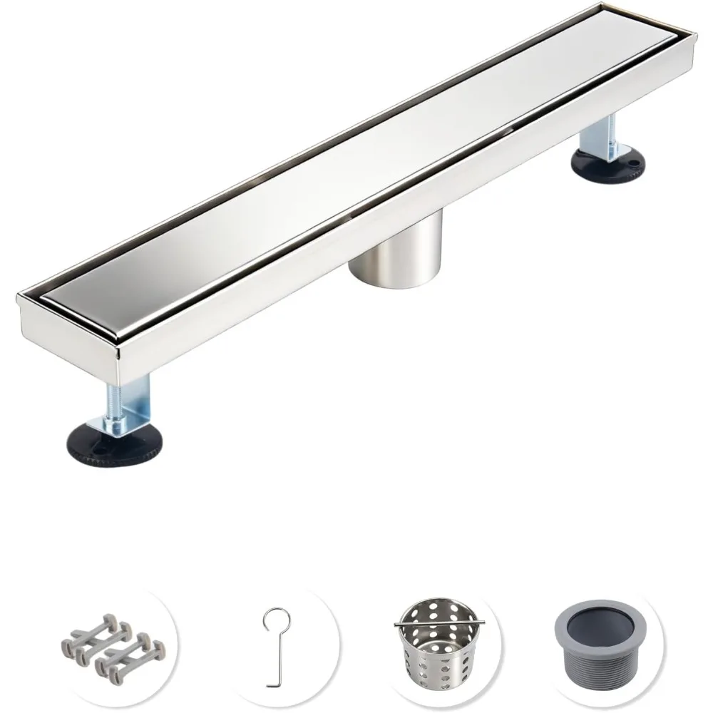 

18" Brushed Linear Shower Drain Tile-In Cover Trench Curbless Hair Catcher Adjustable Feet
