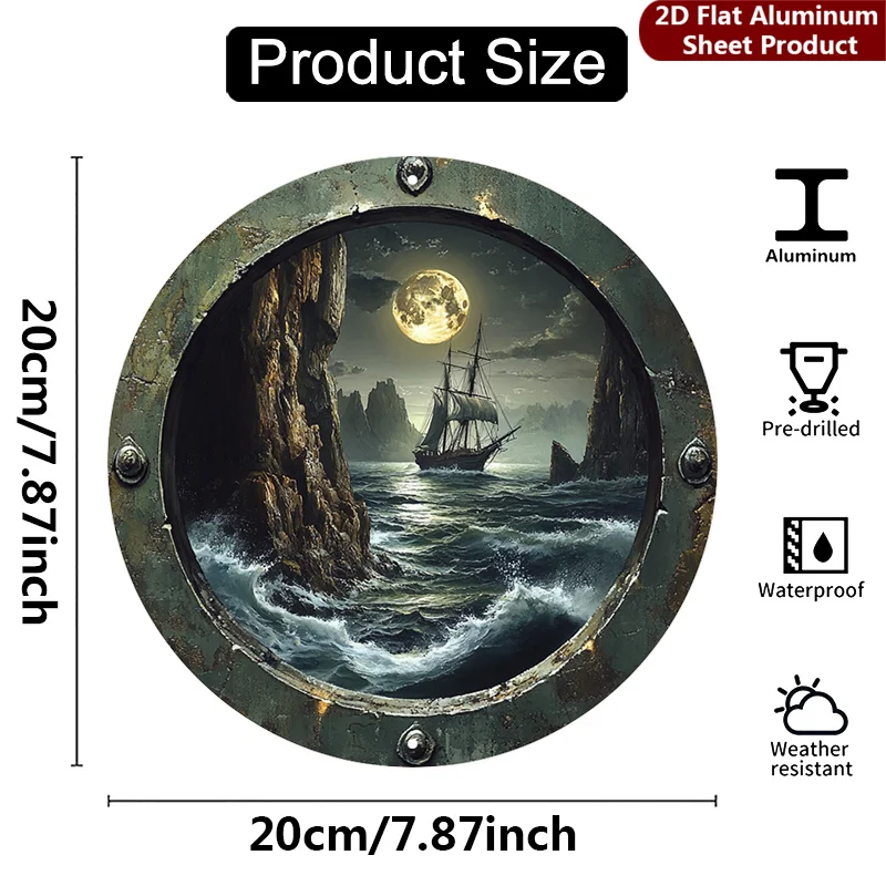 2D Flat, 1pc, Orbital Port View Round Sign, Pirate Night Voyage Vintage Decorative Plaque, Sky Glass Art Porch Decorations, Wall