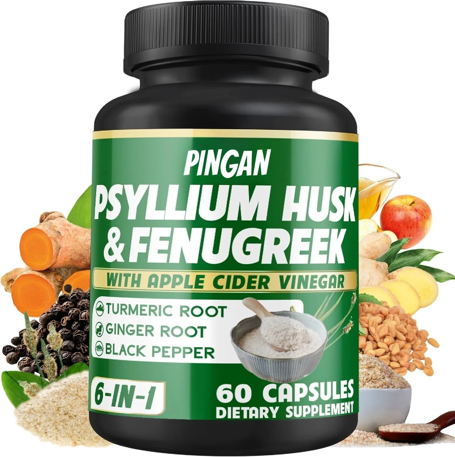 Plantago Asiatica, vinagre de sidra de manzana, cúrcuma, jengibre, pimienta negra, suplementos de fibra, soporte para la salud digestiva-60 cápsulas