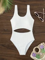 Sexy White One Piece Swimsuit Women New Hollow Out Swimwear 2024 Ribbed Bathing Suit Push Up Monokini Beach Swimming Suit Summer