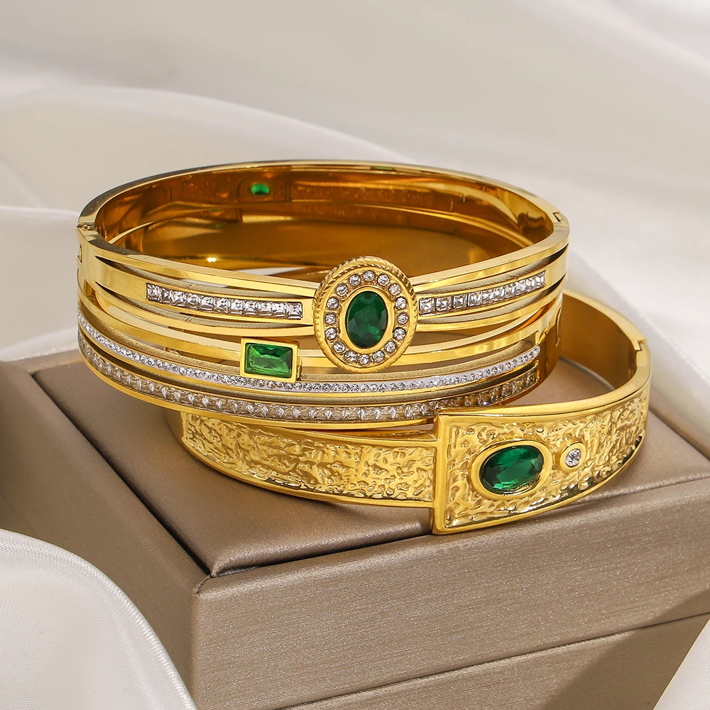 Greatera Vintage Oval Green Rhinestone Spliced Bracelet Personality Diverse Geometry Stainless Steel Star-studded Cuff Bangle