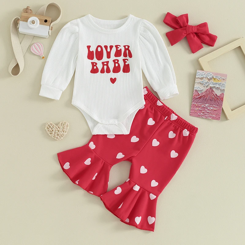 Infant Girls Valentine s Day Outfit Pink Ruffle Sleeve Romper Heart Print Bell Bottom Pants Matching Headband Set