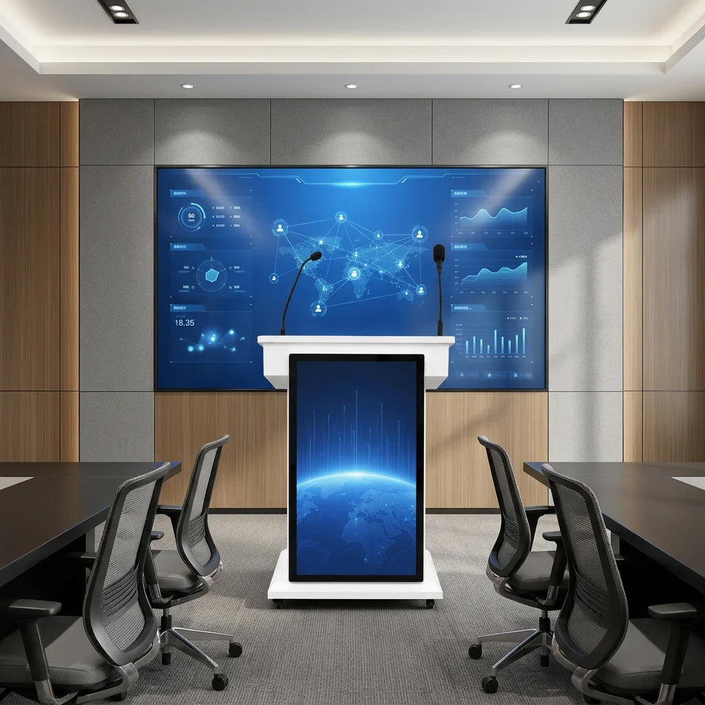 Custom Smart Conference Podium With Upper Touchscreen And Front Visual Display For Keynote Speech Delivery Stage