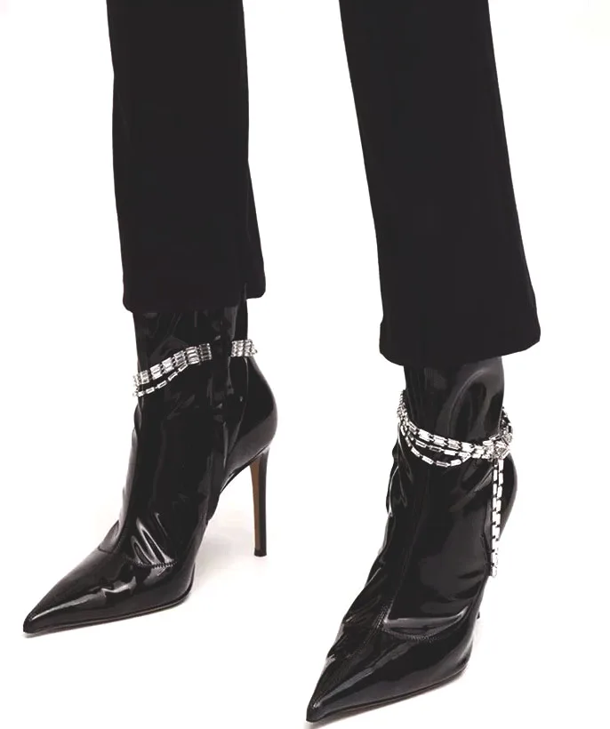 

Sexy Shiny Black Patent Leather Crystal Chains Ankle Boots 9 cm heel Bling Chains Decor Pointed Toe Slip On Stretch Boots Women