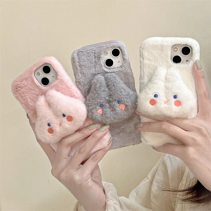 Cartoons Fur Fluffy Phone Case For iPhone 16 Pro 15 Plus 14 Pro Max 11 12 13 Pro Shockproof Cover Plush rabbit Protection Cases