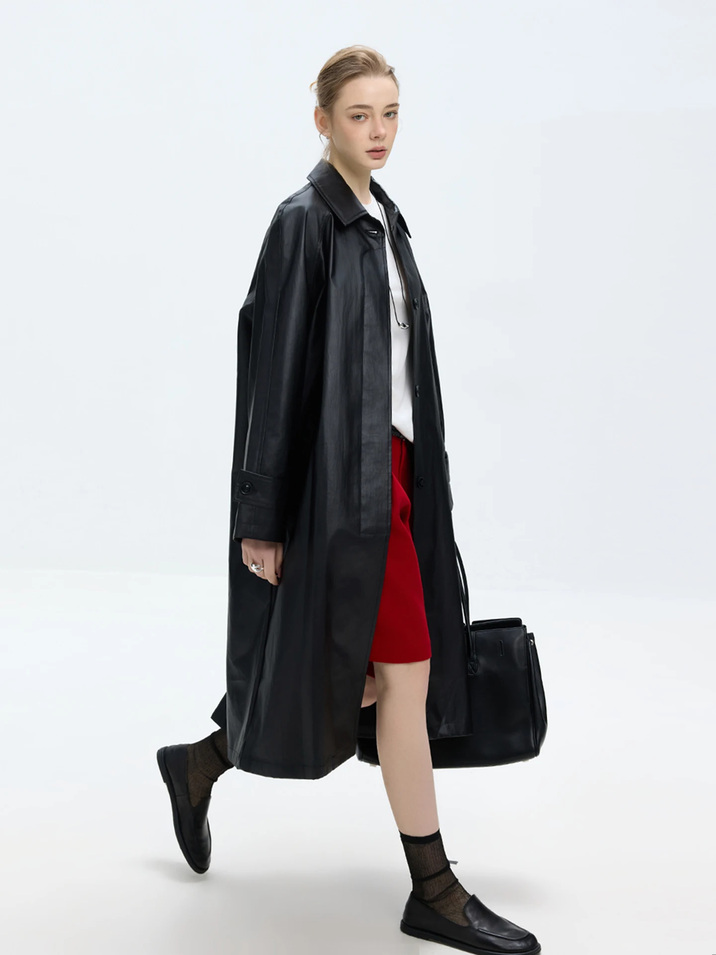 

LUR Spring New mat Retro Eco-friendly PU Leather Coat Women's Faionable Versatile Turn-down Collar Single Button Coat