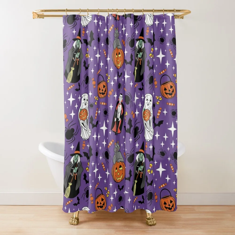 

Vintage Purple Halloween Blow Mold Vampire, Witch, Ghost, Cat and Trick or Treat Pail Pumpkin Shower Curtain