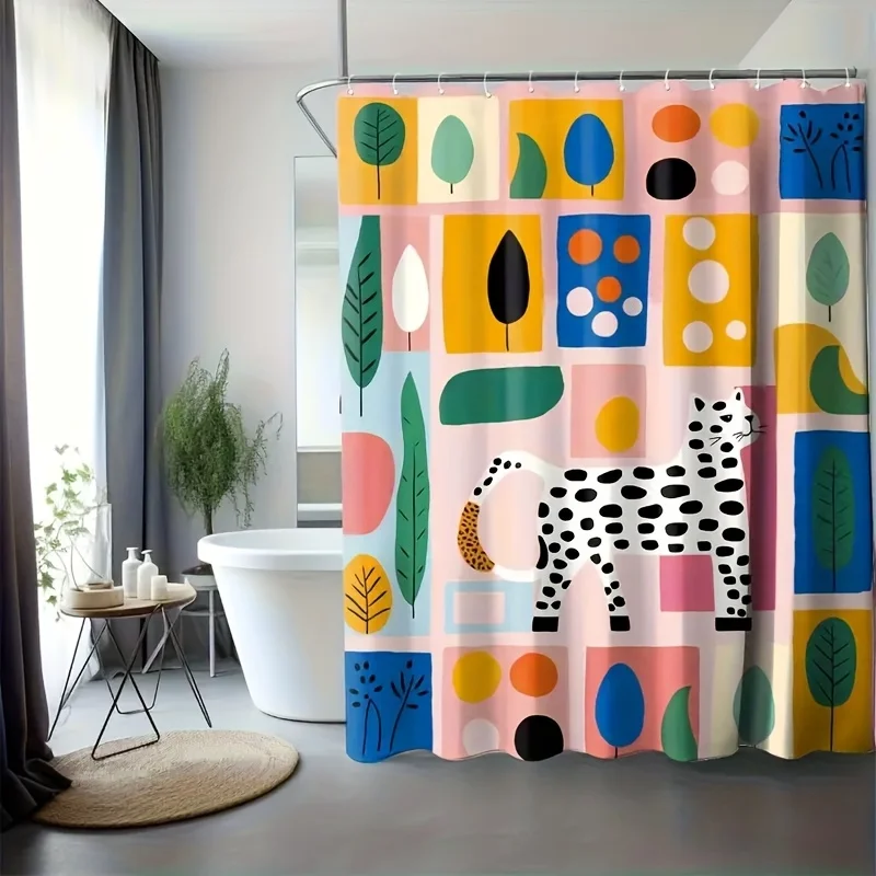 Boho Spotted Cat Shower Curtain, Vibrant Abstract Leaf & Color Block Art Print, Machine Washable Bathroom Shower Decor Curtain
